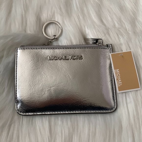 MICHAEL KORS Crinkle Patent Leather Coin, Card, Key Wallet in Silver - Picture 1 of 2